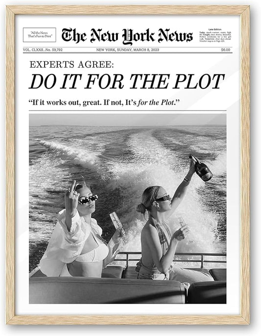 iHery Natural OAK Wood Hot Girls Newspaper Trendy Framed Wall Art, 12x16 in Vintage Headline Canvas Print, Beige Logs Retro, Do it for The Plot, Set of 1 Apartment Funny Girly Dorm Room Bedroom