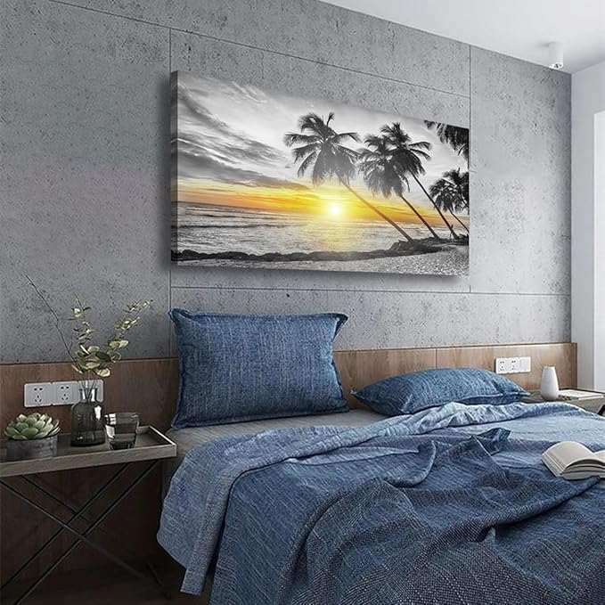 Beach Wall Art Bedroom Wall Decor Living Room,Ocean Canvas Wall Art Office Farmhouse Paintings Artwork Modern Golden Sunshine Black and White Sea Wall Art Prints Pictures 20 * 40inch