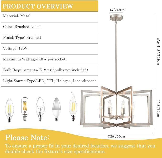 Brushed Nickel Chandelier 26 Inch Modern Geometric 8-Light Large Metal Dining Room Pendant Lighting Fixture for Kitchen Island Living Room Entryway Hallway Bedroom