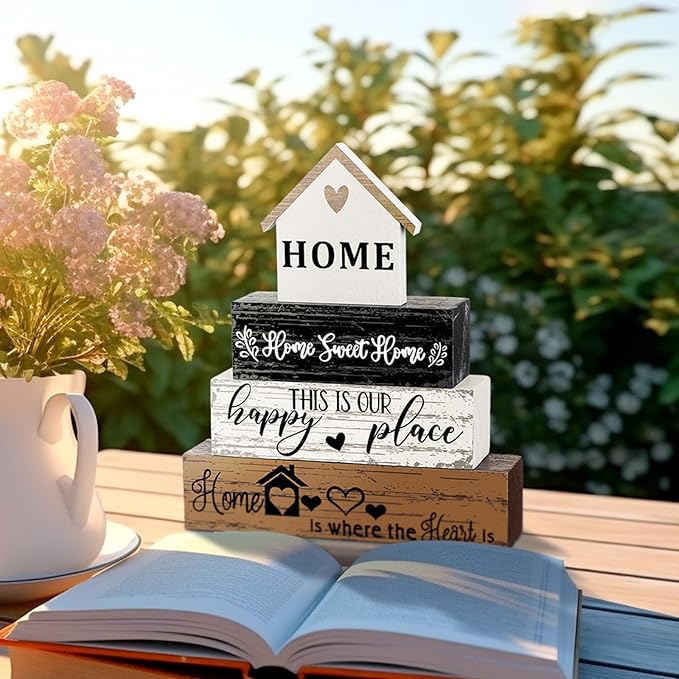 Geelin 4 Pcs Farmhouse Wooden Tabletop Decor Sweet Home Tiered Tray Decor Rustic Home Wood Sign Neutral Decorations for Wood Block Sign Coffee Shelf Desk Centerpiece Decoration