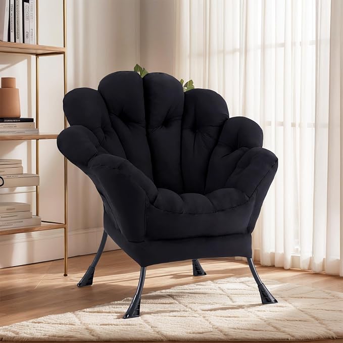 Lazy Chair, Modern Floral Reading Chair with Folding Footrest, Lounge Accent Chair, Comfortable Oversized Armchairs for Bedroom, Living Room, Courtyard, Black