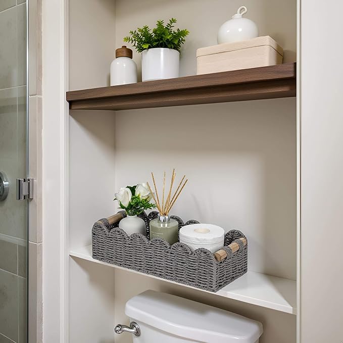 CubesLand Scalloped Edge Decor Baskets for Home, Living Room, Toilet Paper Storage Basket for Over Toilet Tank Top, Storage Shelf, Cute Small Paper Rope Baskets Both Storage&Decor, Set 2 Grey