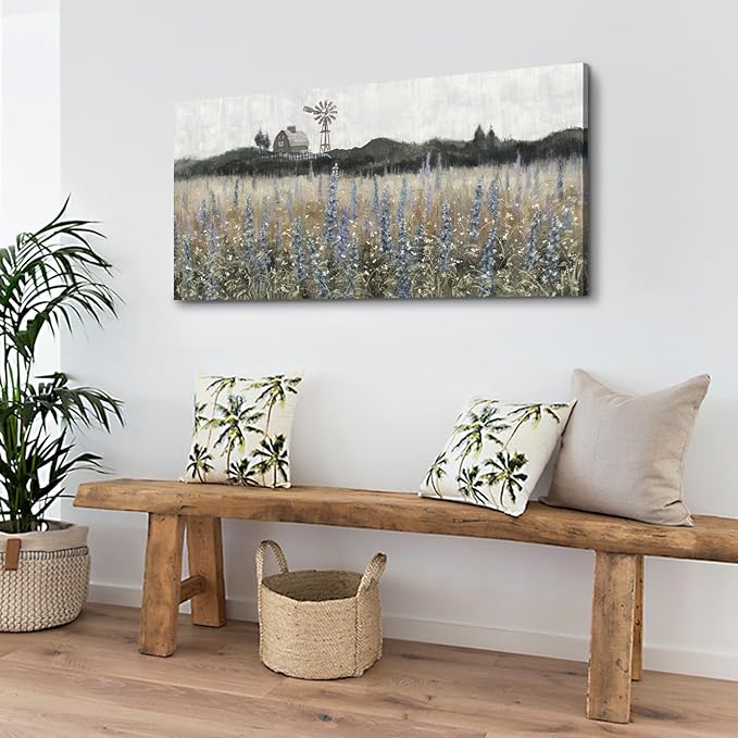 Large Wall Art for Living Room Vintage Farmhouse Decor Nature Wildflower Field Landscape Wilderness Meadow Painting Classical Scenery Canvas Print Rustic Countryside Windmill Barn Artwork 24x48inch