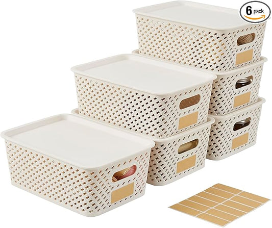 Small Plastic Twill Woven Storage Baskets with Lids, Stackable Organizing Containers with Labels for Pantry Closet Office, 6-Pack,10.35"x7.3"x4.09", White