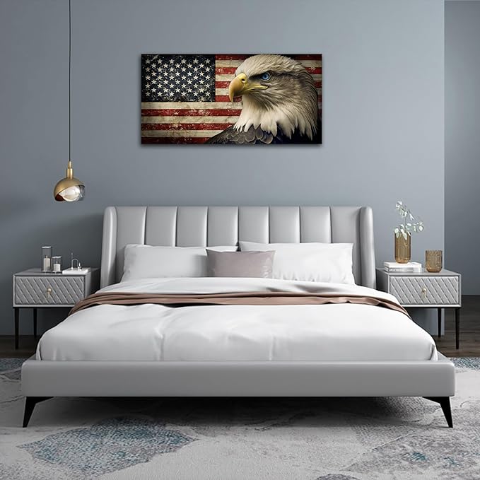 American Flag Canvas Wall Art - Flag of USA with Eagle Pictures for Wall Decor Patriotic Canvas Printing Artwork Vintage Rustic Design for Living Room Home Office Wall Decoration 24" x 48"
