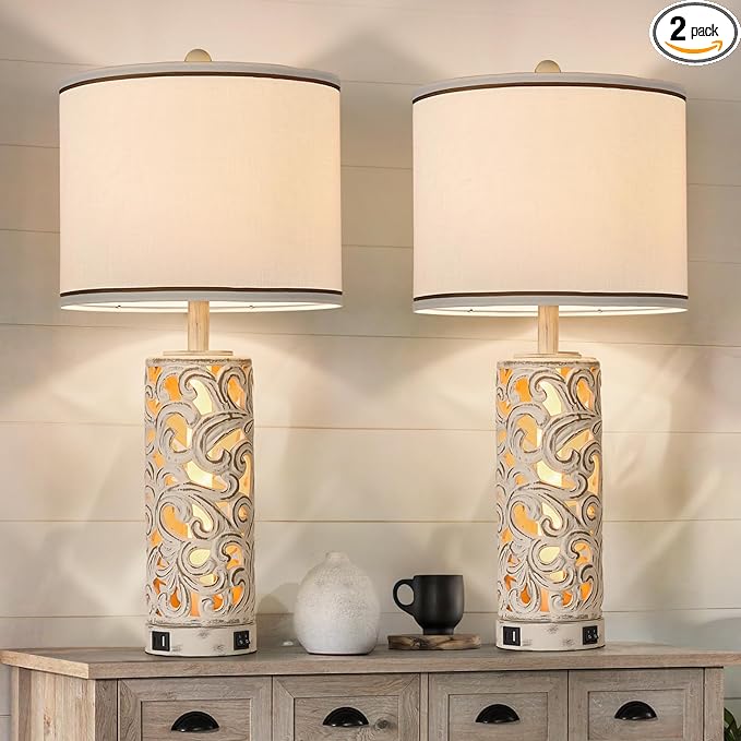 AIDENOEY Set of 2 Table Lamps with Night Light, 28" Farmhouse Table Lamp with USB A+C Ports,White Ceramic Bedside Lamp with Fabric Shade for Living Room,Bedroom,Home,Office(2 Bulbs Included)