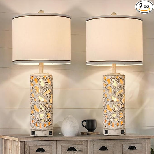 AIDENOEY Set of 2 Table Lamps with Night Light, 28" Farmhouse Table Lamp with USB A+C Ports,White Ceramic Bedside Lamp with Fabric Shade for Living Room,Bedroom,Home,Office(2 Bulbs Included)