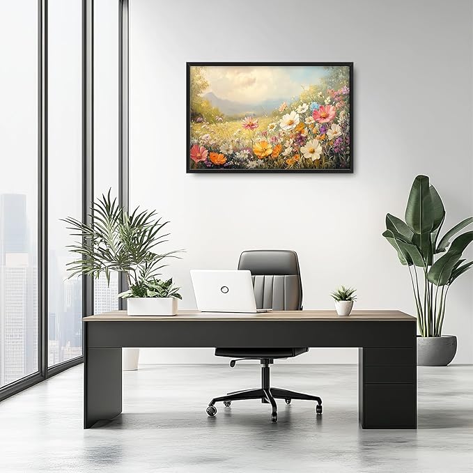 Wildflower Framed Wall Art for Living Room, Large Gesang Flower Canvas Wall Decor, Wildflower Pictures Painting, Modern Landscape Artwork for Bathroom Bedroom 36L'' × 24W''