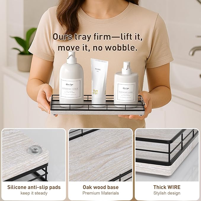 Bathroom Tray for Counter Top Organizer – Ash Wood Vanity Tray with Metal Frame for Dresser, Kitchen, Nightstand – Black & Whitewashed Decorative Storage