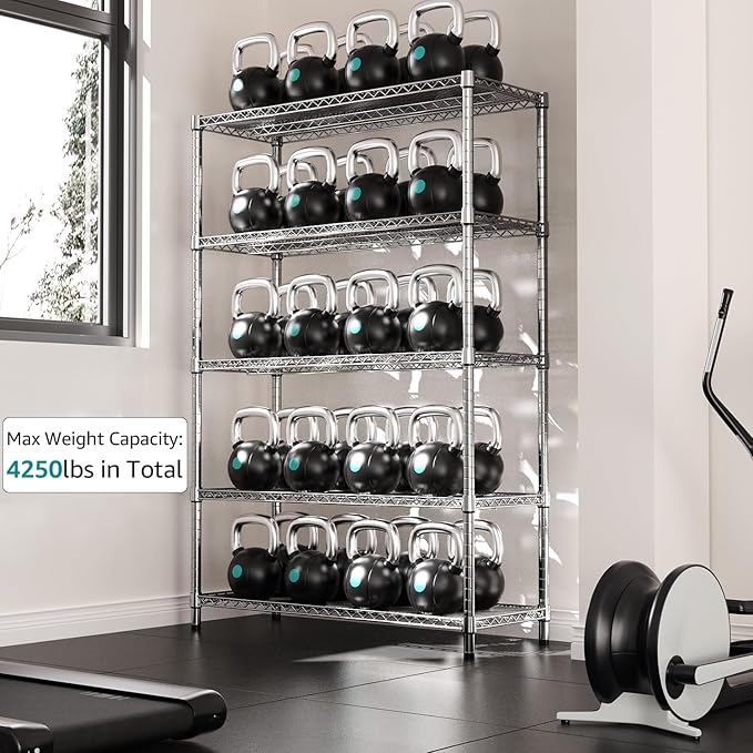 IZEUK 4250 LBS Garage Shelving Wide Storage Shelves 5 Tier Metal Shelves Heavy Duty Adjustable Utility Shelf Rack Chrome 17.7" D x 59.1" W x 70.4" H