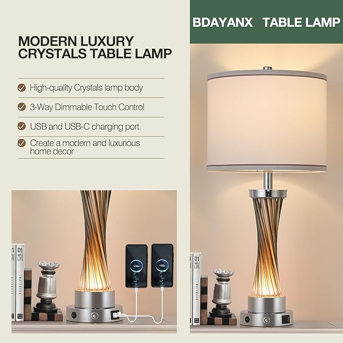 3-Way Dimmable Table Lamp Set of 2,Touch Control Lamp with Night Light,Modern Crystal Table Lamps for Bedroom,Living Room，Bedside Lamps with USB A+C Ports，Fabric Lampshade(Blubs Included)