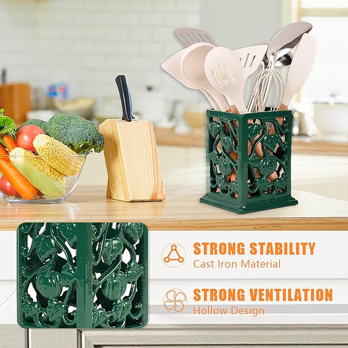 Utensil Holder for Kitchen Counter, Large Cast Iron Vintage Pumpkin Pattern Utensil Holder Cooking Tools Organizer Storage Crock, Green