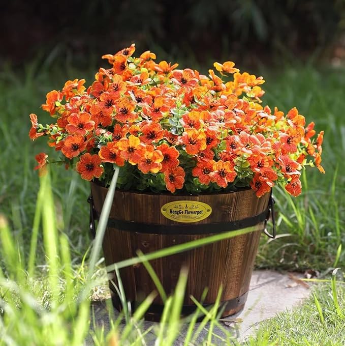 Artificial Fall Flowers Faux Mums for Outdoor Indoor Garden Home Decoration, Faux Flower Daisy with Eucalyptus Leaves Fake Mums Plants Greenery Boxwood Porch Patio, 12 Bundles (Orange)