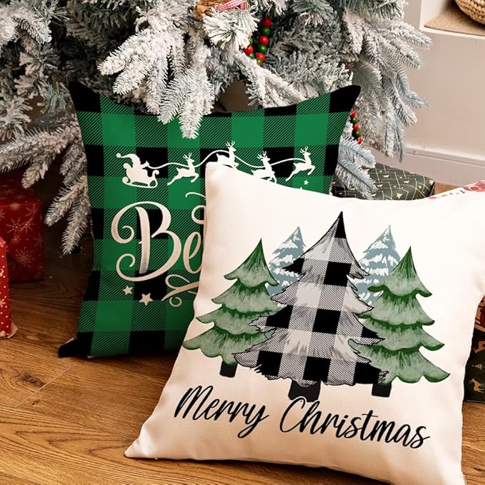 GEEORY Merry Christmas Throw Pillow Covers 20x20 Inch Set of 4, Xmas Trees Truck Green Buffalo Plaid Believe Farmhouse Decorative Cushion Cases for Home Decoration G595-20