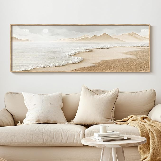 Framed Boho Coastal Beach Wall Art for Living Room, Large Neutral Ocean Canvas Artworks for Walls, Long Horizontal Abstract Minimalist Coastal Art Print for Bedroom Kitchen Office Wall Decor, 16x48 In