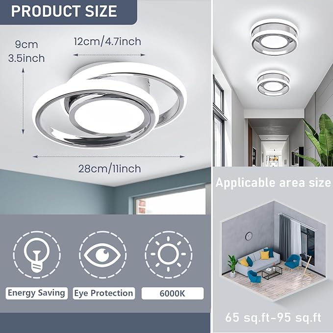 CANEOE Small Modern Ceiling Light,6000K Cool White Round Led Hallway Light Fixtures Ceiling,Chrome Design Close to Ceiling Lamp for Hallway Kitchen Balcony Cloakroom Laundry Room