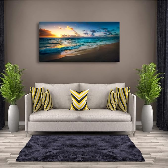Beach Pictures Wall Art Canvas Prints Seascape Themed Decor for Home Sea Ocean Sunset Paintings for Living Room Bathroom Wall Decorations Natural Landscape Artwork Wooden Picture Frames Hanging Easy