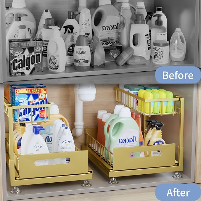 2 Pack Under Sink Organizer Storage 2-Tier Premium Metal Pull-Out Racks, Height Adjustable, Easy Installation | Kitchen & Bathroom Organizers