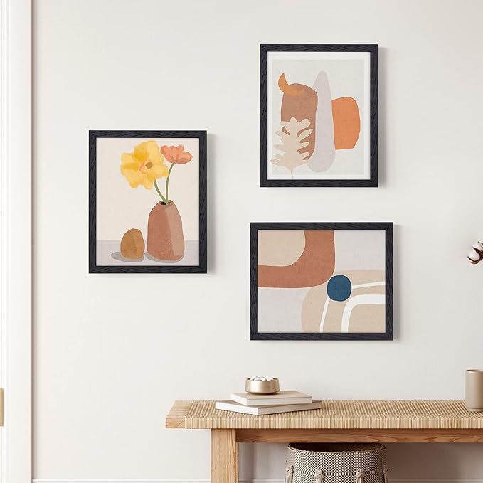 8x10 Picture Frame Black Set of 3, Solid Oak Wood Photo Frames 8 x 10 for Wall, Real Glass 8"x10" Frame with Stand, 8 by 10 Black Wood Frame, 8x10 Matted Frame for 5x7