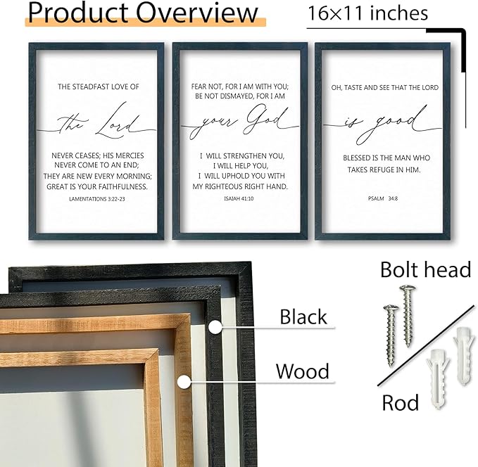 SRSZHIYUE Bible Verses Wall Decor Set of 3, 16"x11" Christian The Lord Your God Is Good Scripture Sign, Holy Religious Living Room Jesus Christ Prayer Faith Motivational Quotes Faith Wall Hang (Black)