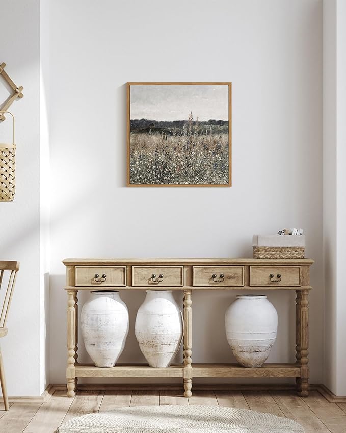 InSimSea Square Framed Canvas Wall Art, Home Decor Vintage Scenery Field Meadow Flowers Wall Art Prints, Retro Nature Floral Oil Paintings Wall Decor for Living Room Bedroom Home Bathroom 12"x12"