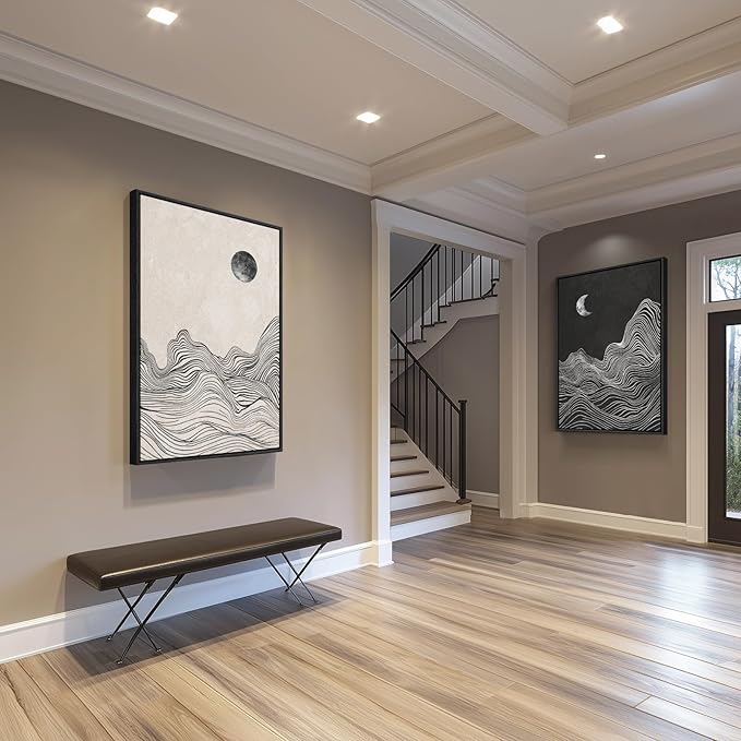 Large Framed Black and White Abstract Wall Art for Living Room, Set of 2 Modern Canvas Prints Paintings Artwork for Walls, Abstract Mountain and Moon Pictures for Bedroom Hallway Wall Decor 24x36 In