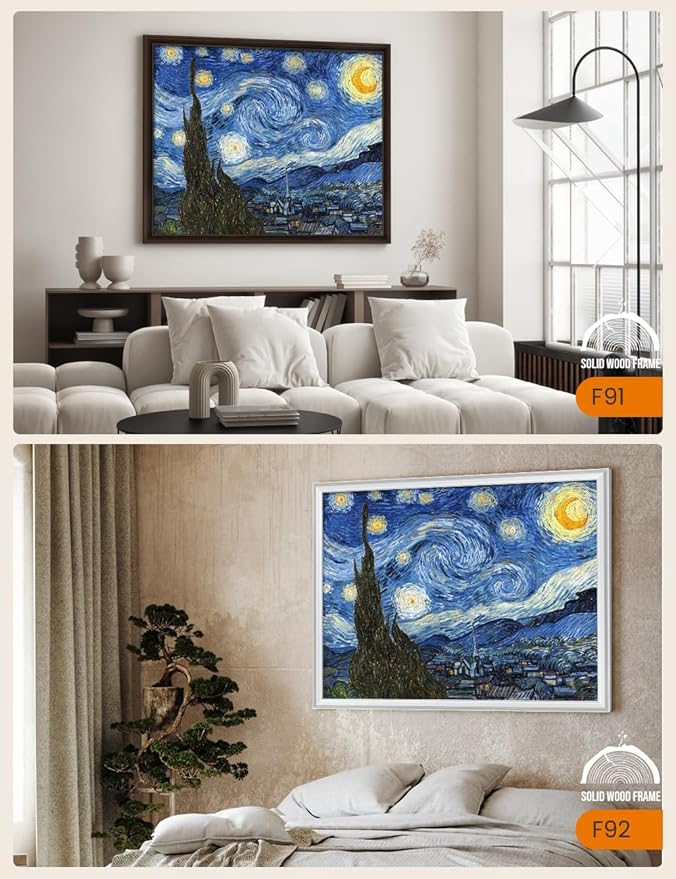 DECORARTS - Starry Night by Vincent Van Gogh Art Reproduction. Oversize Solid Wooden Frame Matching with Giclee Prints Canvas Wall Art. Total framed size: 43x35