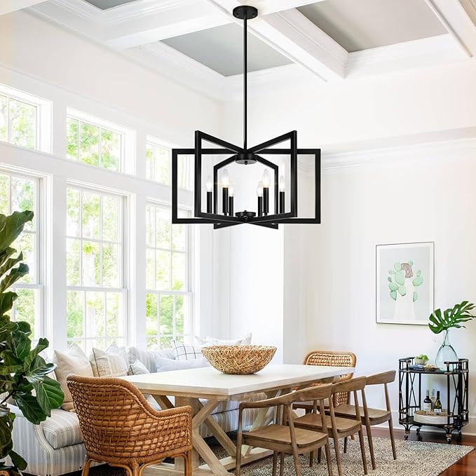 25" Modern Black Chandelier for Dining Room (6-Light, 25-Inch), Geometric Black Dining Room Light Fixture Over Table, Industrial Metal Hanging Pendant Lights for Kitchen Island, Entryway, Foyer
