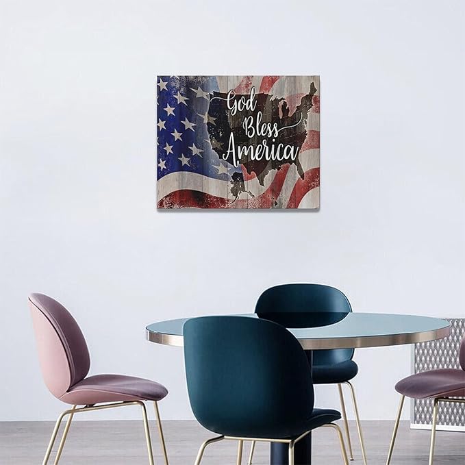 Large American Flag and USA Map Wall Art Rustic United States Map Pictures Wall Decor God Bless America Canvas Painting Print Home Decor Artwork Framed for Living Room Bathroom Master Bedroom 20"x16"