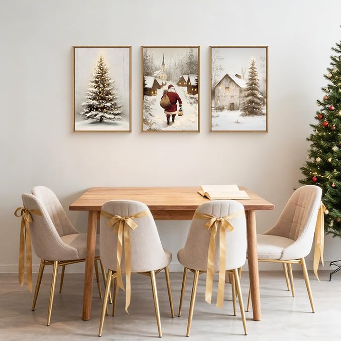 KAIRNE 3 Piece Christmas Wall Art Set, Vintage Rustic Canvas Prints with Santa Claus, Snowy Christmas Tree & Village Scenes, Xmas Eve Decor for Living Room Bedroom Winter Home Decoration 24×36 inch