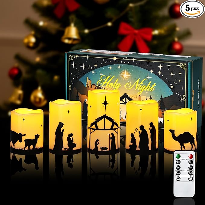 Christmas Decorations Indoor Outdoor, Nativity Scene Candle Set with Remote Time, Religious Holiday Home Table Mantel Room Decor Centerpieces, Xmas Gift, Battery Operated Flameless Candles, Waterproof