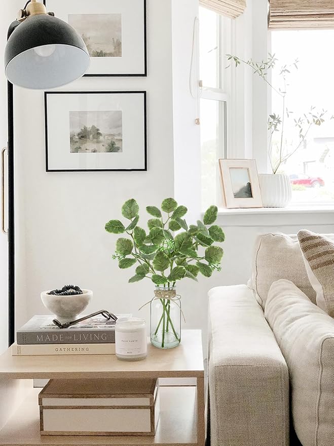 Fake Plants Eucalyptus Stems in Glass Vase with Faux Water, Artificial Plants Eucalyptus Leaves for Shelf Desk Bathroom Farmhouse Coffee Table Home Decor