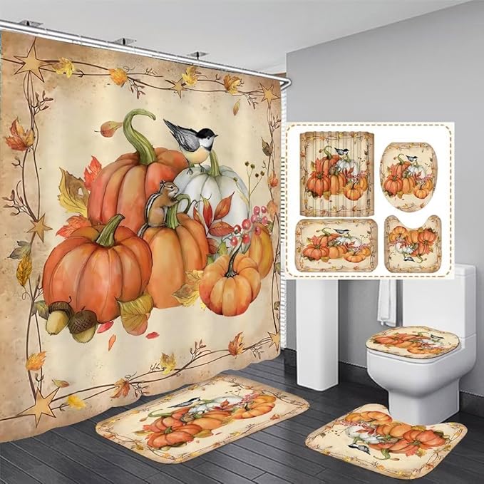FZDHHY 4Pcs Pumpkin Shower Curtain Set Fall Bathroom Set Thanksgiving Bathroom Decor Set Autumn Shower Curtain Set with Rugs with 12 Hooks 72x72 inch