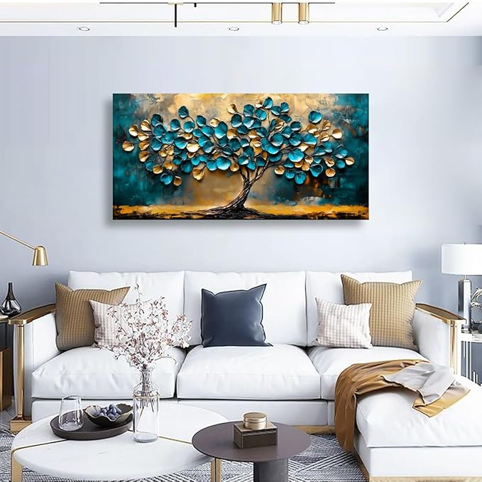 Tree of life Teal Gold Leaf Pictures Canvas Wall Art for Living room Office Bedroom Wall Decor,Abstract Wall Art Print Paintings Modern Blue Leaves Artwork Waterproof Ready to Hang-20x40inch
