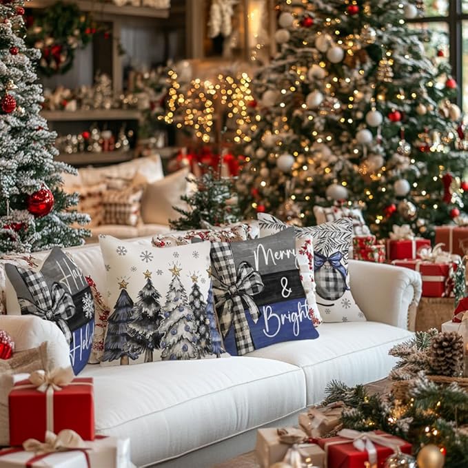 GEEORY Christmas Throw Pillow Covers 20 x 20 Inch Set of 4, Xmas Trees Merry and Bright Happy Holidays Farmhouse Decorative Cushion Cases for Home Decoration G435N-20