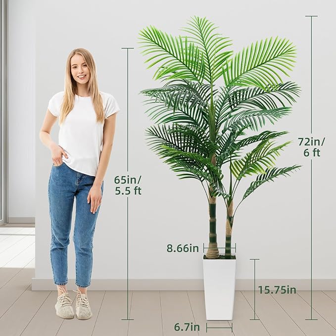 6ft Artificial Golden Cane Palm Tree with LED Fairy Lights & White Tall Planter - Lifelike Faux Tropical Palm Plant with Realistic Trunk and Palm Leaves for Home Office Living Room Corner Decor