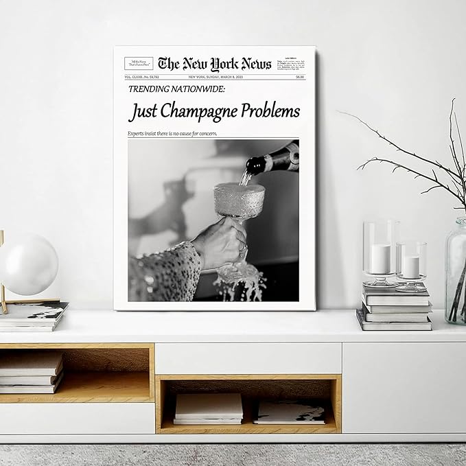 Champagne Problems Newspaper Framed Wall Art,Trendy Retro Black and White Wall Art for Bar Cart Bathroom Apartment Kitchen Dorm Dining Decor Funky Vintage Celebrate Poster for Home Wall Artwork 8x10