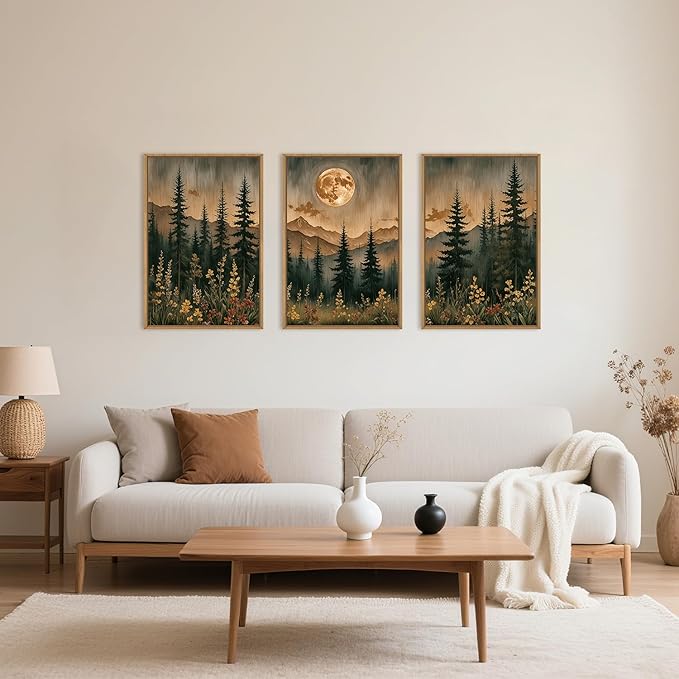 HOURIA Nature Forest Mountain Framed Canvas Wall Art Set,Moonlight Pine Tree Flower Wall Decor,Wilderness Field Wall Painting,Vintage Botanical Art Prints for Living Room,Bedroom,Farmhouse-24 x36 x3