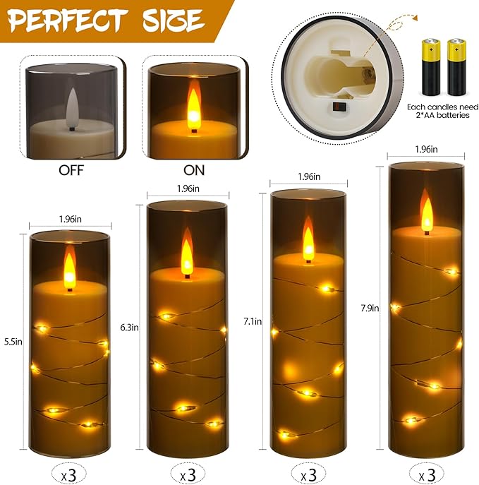 Da by Flameless Candles with Recessed String Light, Battery Operated Candles, Acrylic LED Pillar Candles with Remote Control and Timer, Gray, Set of 12