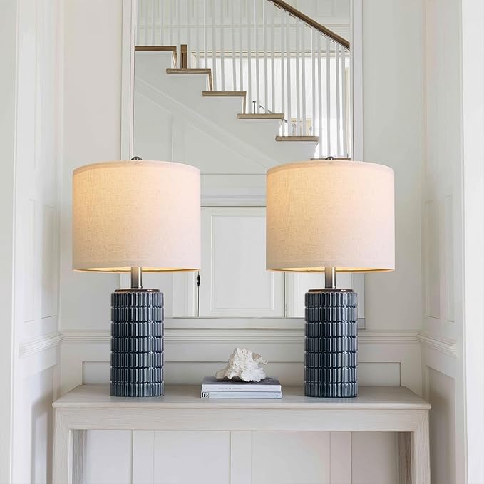 PoKat 20.75" Small Blue Table Lamps, Farmhouse Bedside Lamps for Bedroom Set of 2, Ceramic End Table Lamps for Night Stands Living Room, Modern Nightstand Desk Lamps, Dark Blue