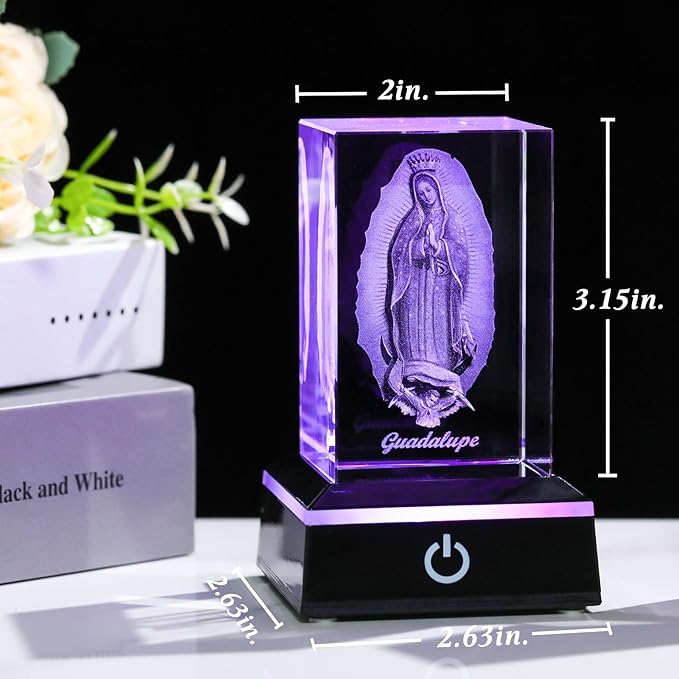 Movdyka 3D Virgen De Guadalupe Statues Decorations Religious Gifts for Women Laser Etched Crystal Our Lady of Guadalupe The Blessed Virgin Mary Glass Statues with Colorful LED Base