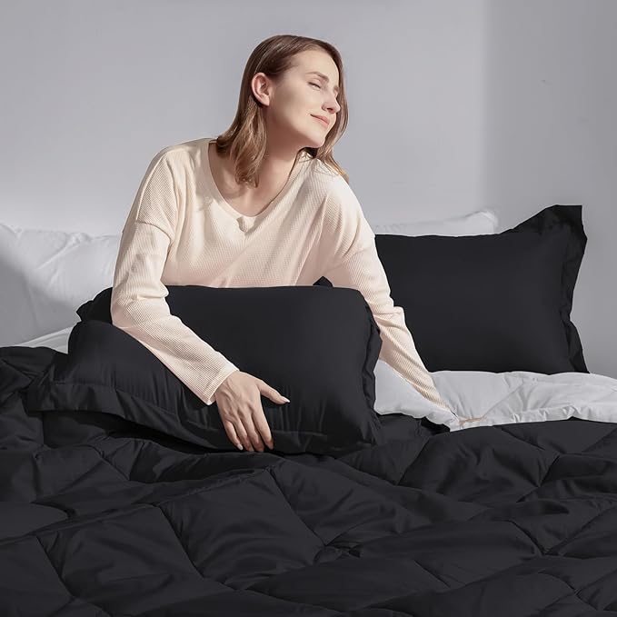 Basic Beyond Queen Comforter Set - Black Comforter Set Queen, Reversible Bed Comforter Queen Set for All Seasons, Black/Grey, 1 Comforter (88"x92") and 2 Pillow Shams (20"x26"+2")