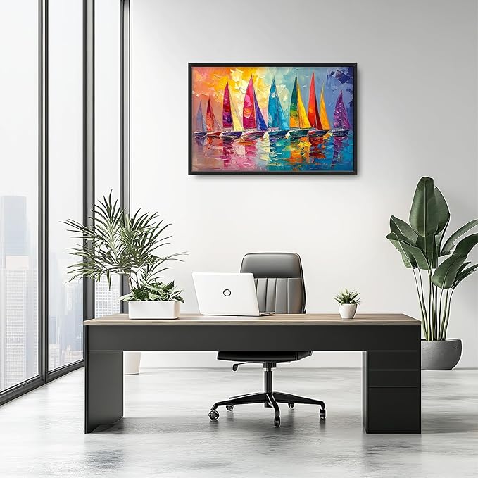Large Coastal Sailboat Framed Wall Art for Living Room, Colorful Sailboats Canvas Wall Decor, Vintage Nautical Pictures Painting, Modern Landscape Artwork for Bedroom 36L'' × 24W''
