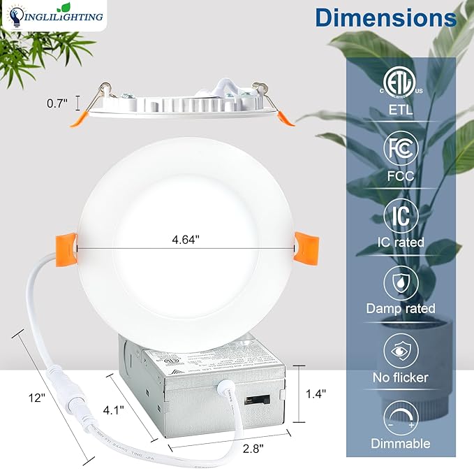 DLLT LED Recessed Ceiling Lights: 12 Pack 4 Inch 5CCT Ultra-Thin Lighting with Junction Box for Bedroom - 900LM Brightness 9W Eqv 90W Dimmable Canless Wafer Downlight with ETL&FCC