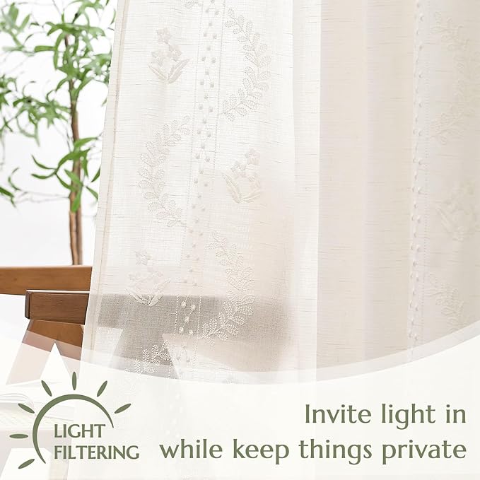 jinchan Belrose Linen Curtains for Bedroom Floral Curtains 84 Inch Length Linen Blend White Embroidered Drapes Farmhouse Flower Patterned Drapes for Living Room Window Treatments Set 2 Panels