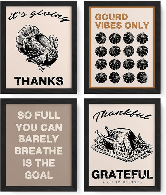 JXREQ Fall Decor Thankful Grateful Vintage Turkey Posters Pumpkin Wall Decor, Gourd Vibes Only Fall Art Prints for Harvest Thanksgiving Kitchen Bedroom Living Room Set of 4, 8x10 Inch Unframed