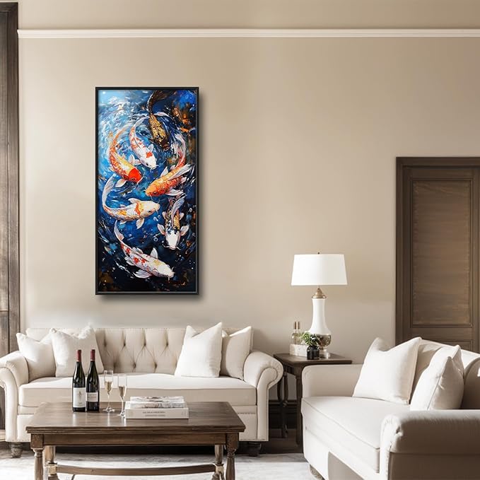 Lovira Koi Fish Large Wall Art Traditional Chinese Feng Shui Canvas Wall Decor Pictures Prints Painting Framed Home Vertical Artwork for Living Room Bedroom Bathroom Kitchen 30"x60"