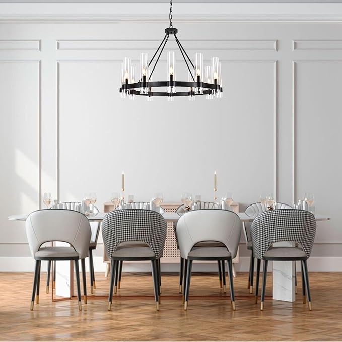 36 Inch Black Wagon Wheel Chandelier with Glass Shade, 12-Lights Farmhouse High Ceiling Chandeliers, Large Round Modern Black Chandeliers for Dining Room Living Room Bedroom Foyer