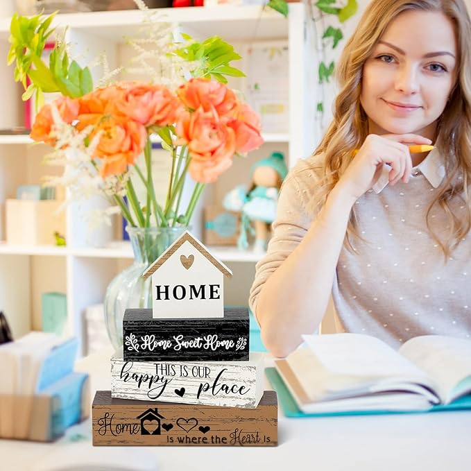 Geelin 4 Pcs Farmhouse Wooden Tabletop Decor Sweet Home Tiered Tray Decor Rustic Home Wood Sign Neutral Decorations for Wood Block Sign Coffee Shelf Desk Centerpiece Decoration