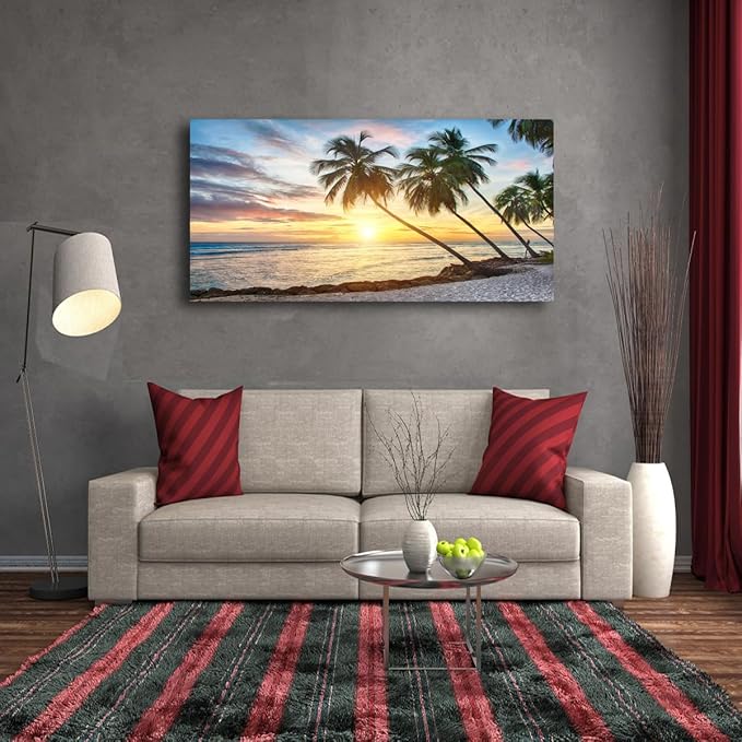 Beach Pictures Canvas Wall Art for Living room Bedroom Wall Decor,Palm Wall Art Print Paitnings for home Decor,Morden Artwork Sunset Coconut Tree Canvas Art Waterproof Stretched Ready to